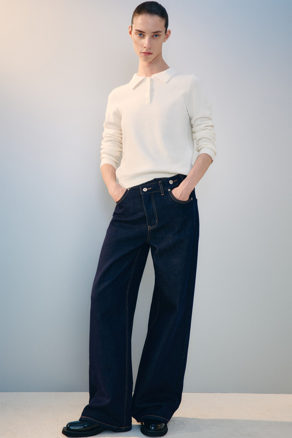 Джемпер-поло вязаный с шерстью - цвет молочный - 2