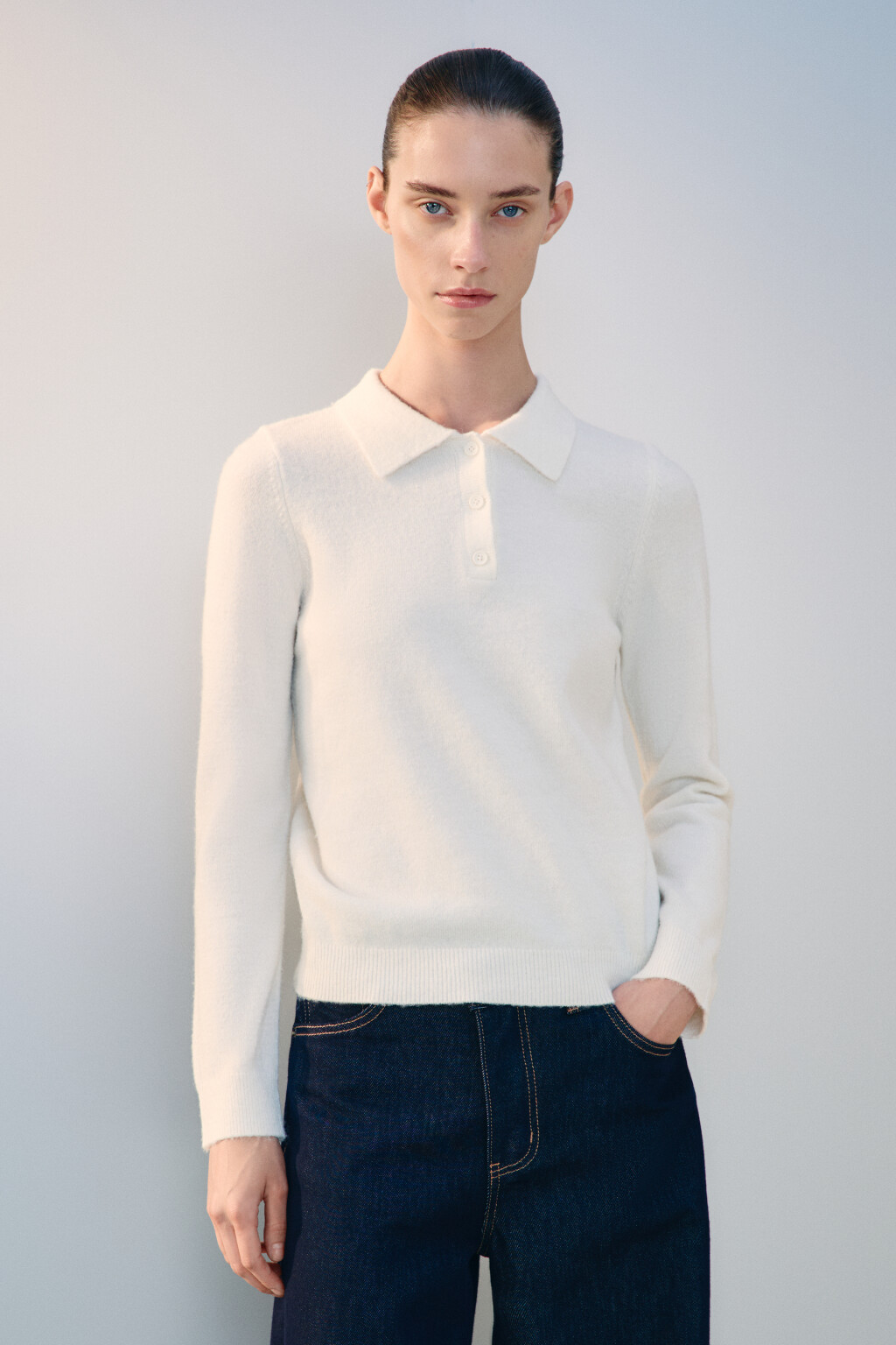 Джемпер-поло вязаный с шерстью - цвет молочный - 3