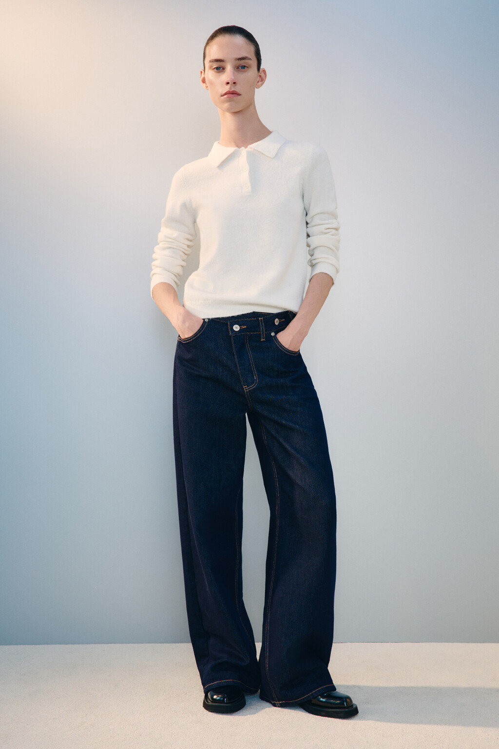 Джемпер-поло вязаный с шерстью - цвет молочный - 5