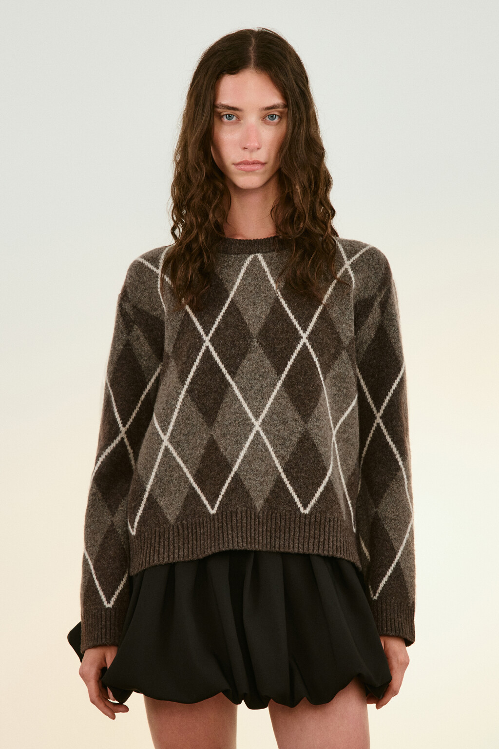Джемпер вязаный с принтом аргайл - цвет коричневый - 2