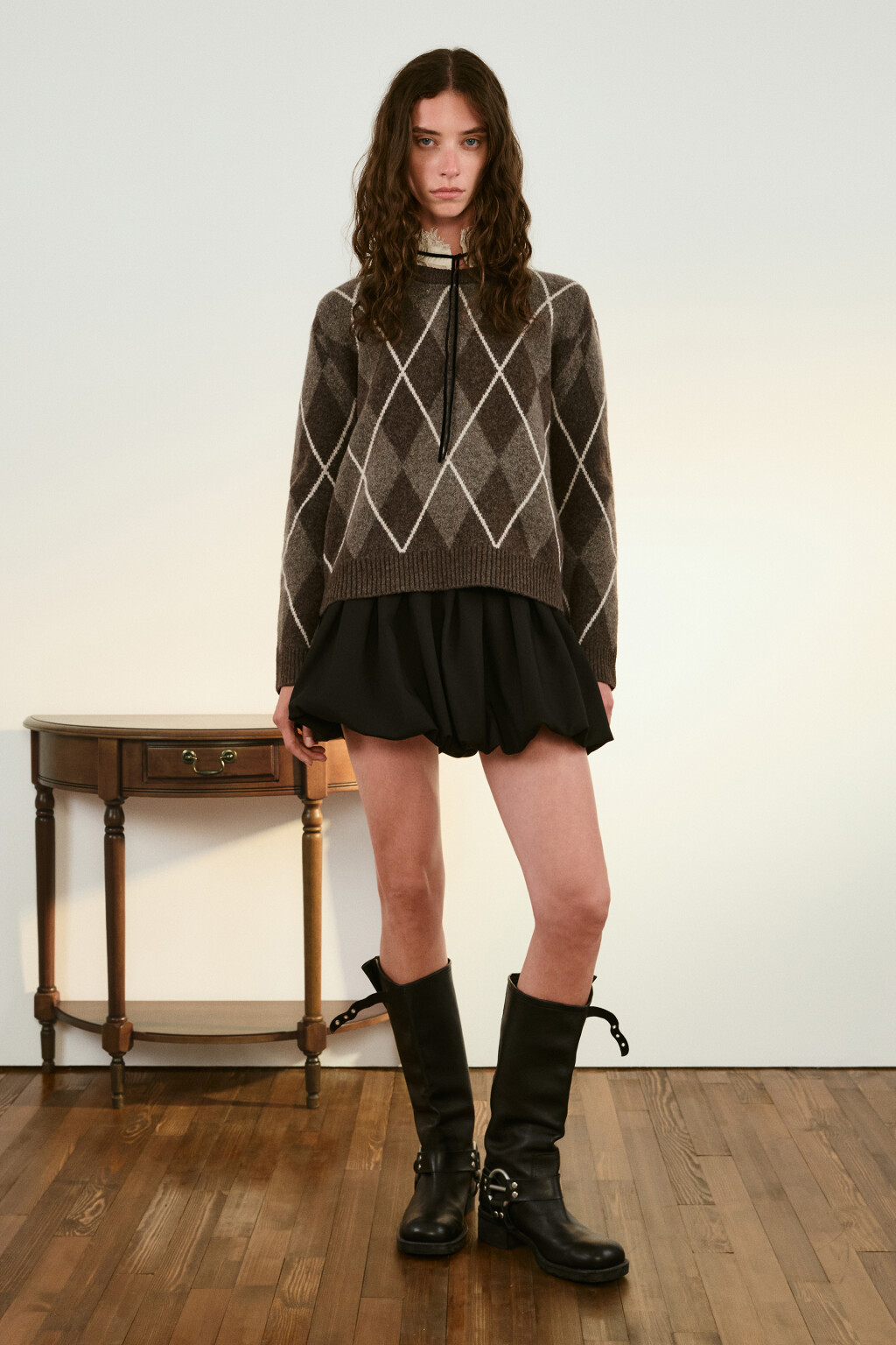 Джемпер вязаный с принтом аргайл - цвет коричневый - 4