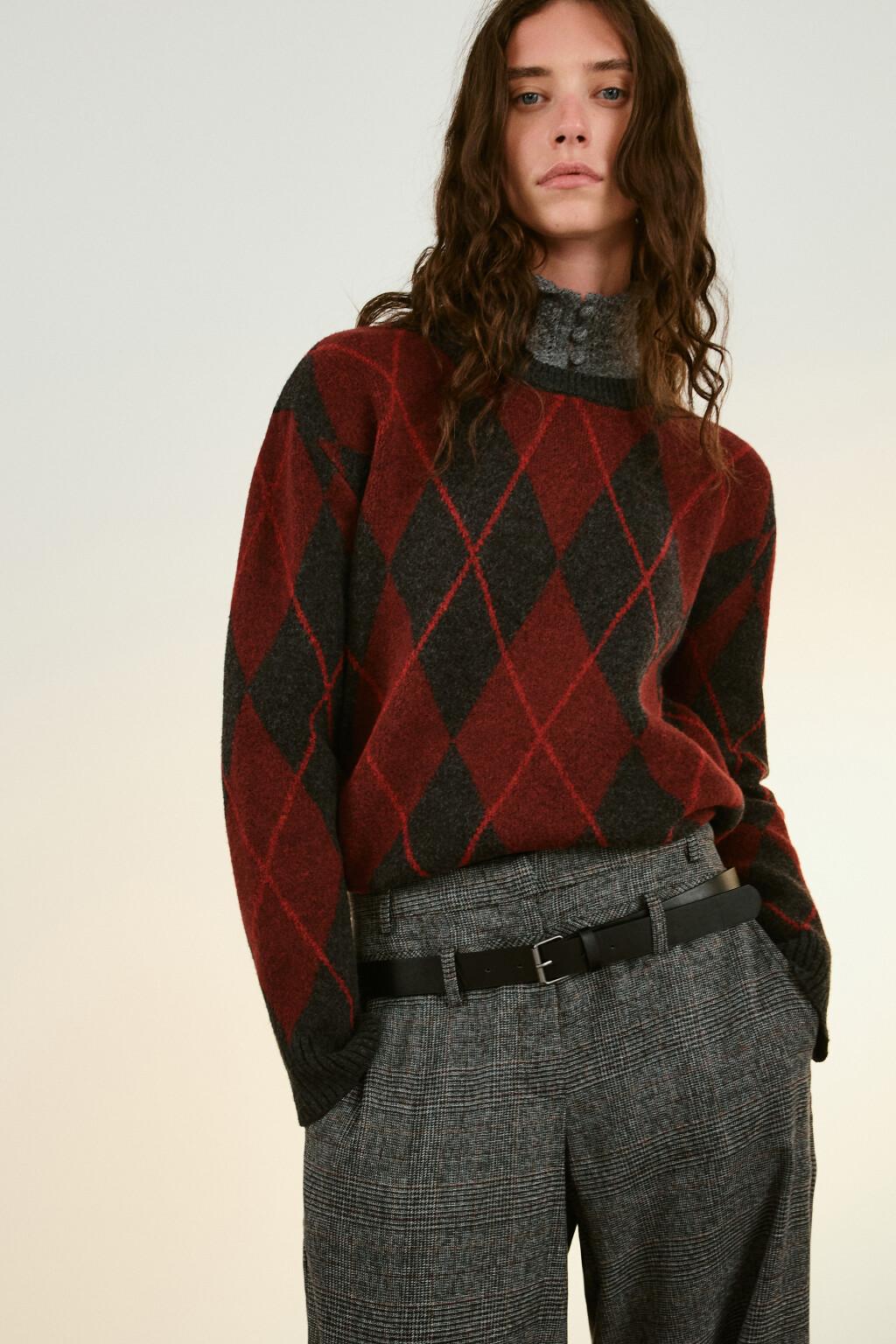 Джемпер вязаный с принтом аргайл - цвет красный - 1