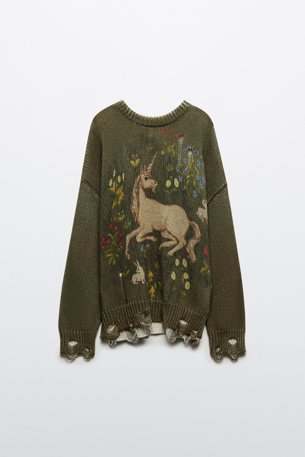 Джемпер вязаный рваный с единорогом - цвет зеленый - 8