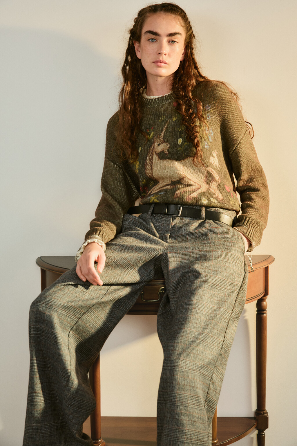 Джемпер вязаный рваный с единорогом - цвет зеленый - 2