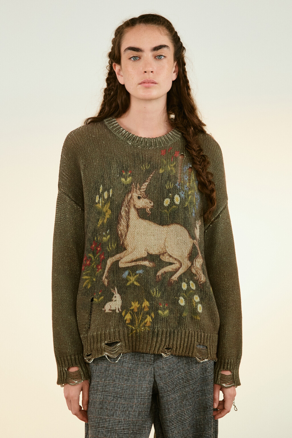 Джемпер вязаный рваный с единорогом - цвет зеленый - 3