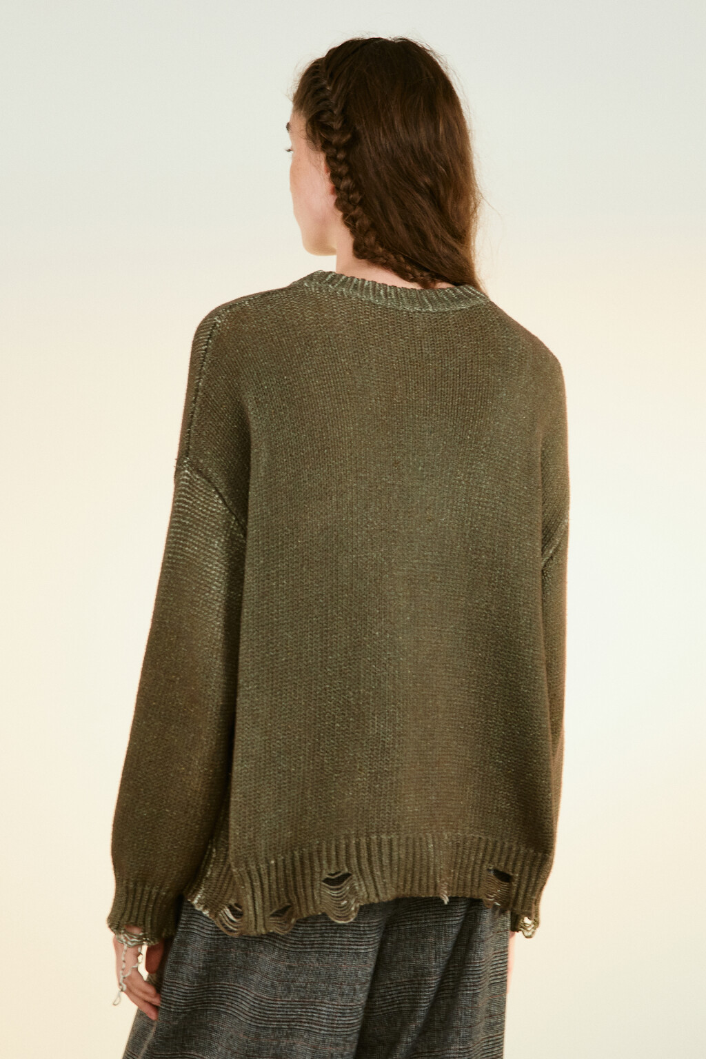 Джемпер вязаный рваный с единорогом - цвет зеленый - 4