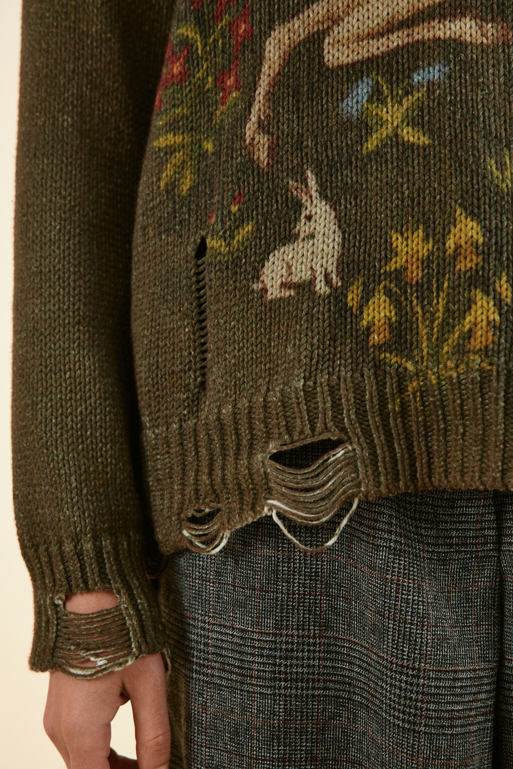 Джемпер вязаный рваный с единорогом - цвет зеленый - 7