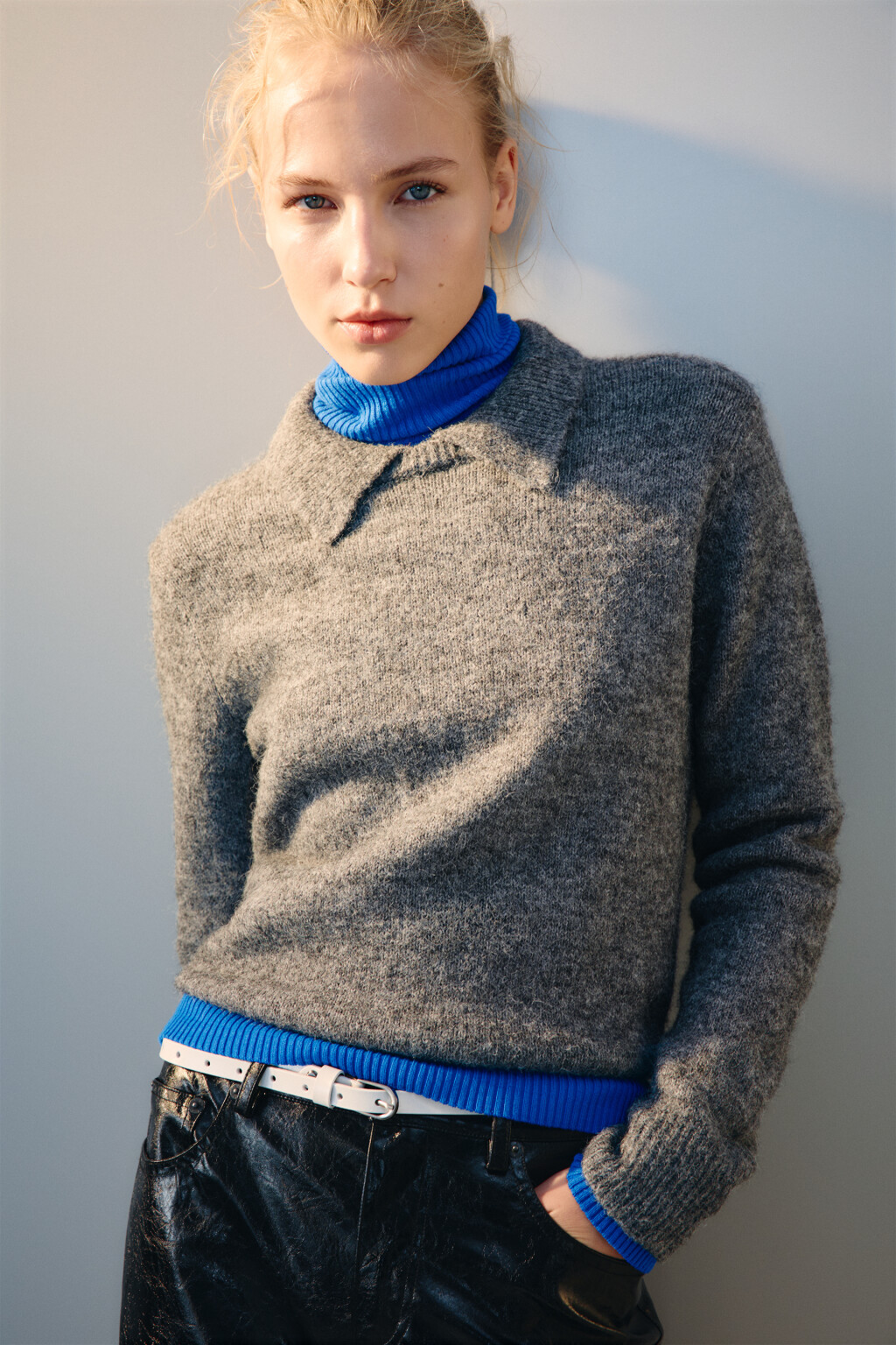 Джемпер шерстяной с отложным воротником - цвет серый - 1