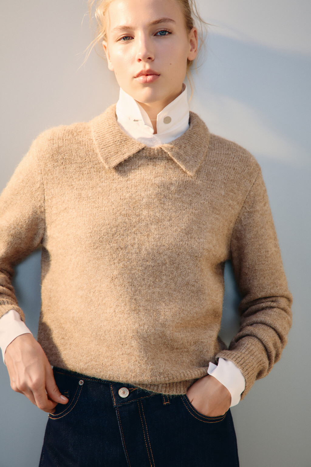 Джемпер шерстяной с отложным воротником - цвет бежевый - 1