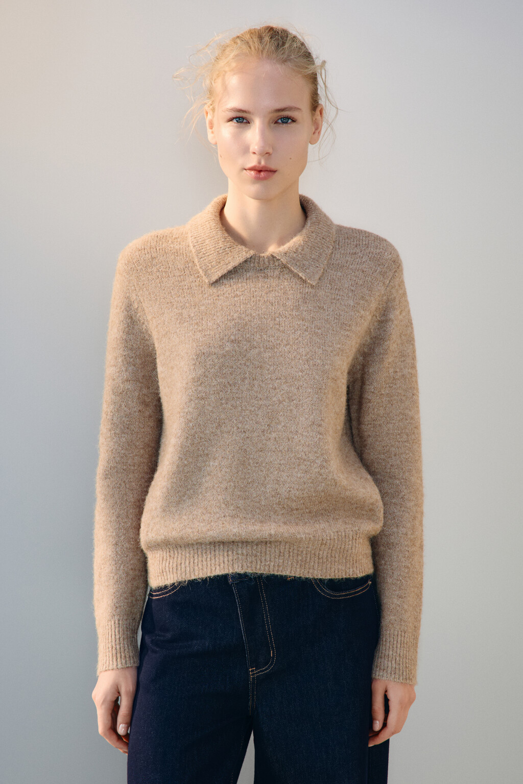 Джемпер шерстяной с отложным воротником - цвет бежевый - 3