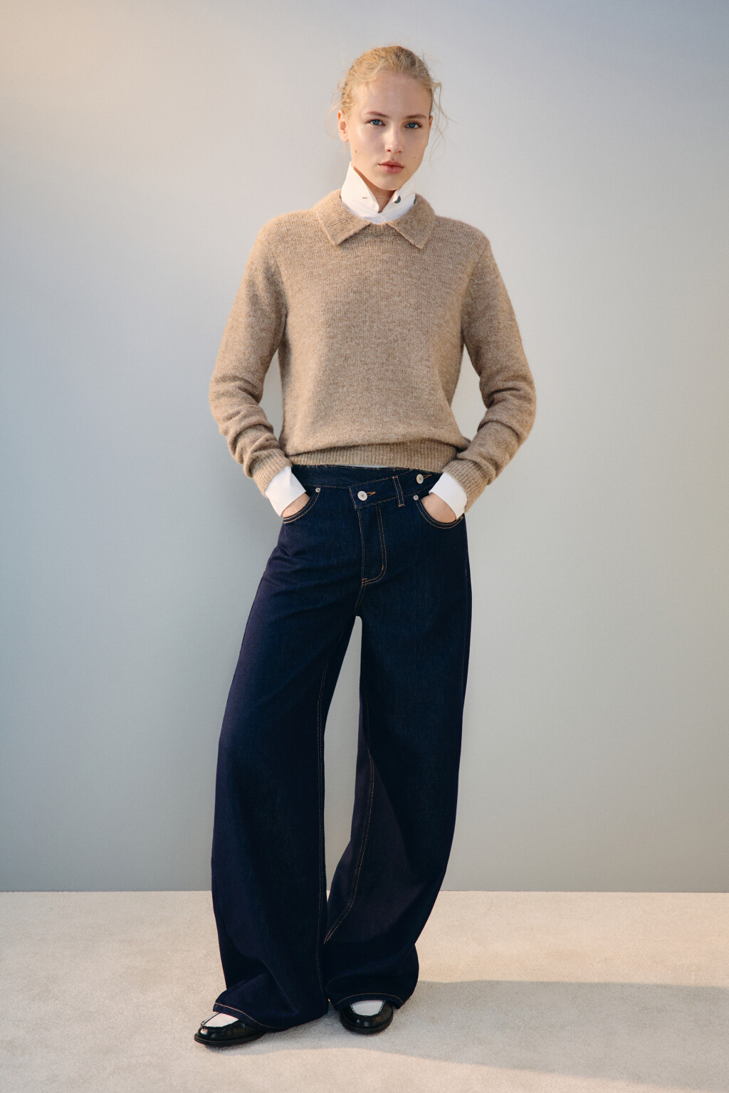 Джемпер шерстяной с отложным воротником - цвет бежевый - 5