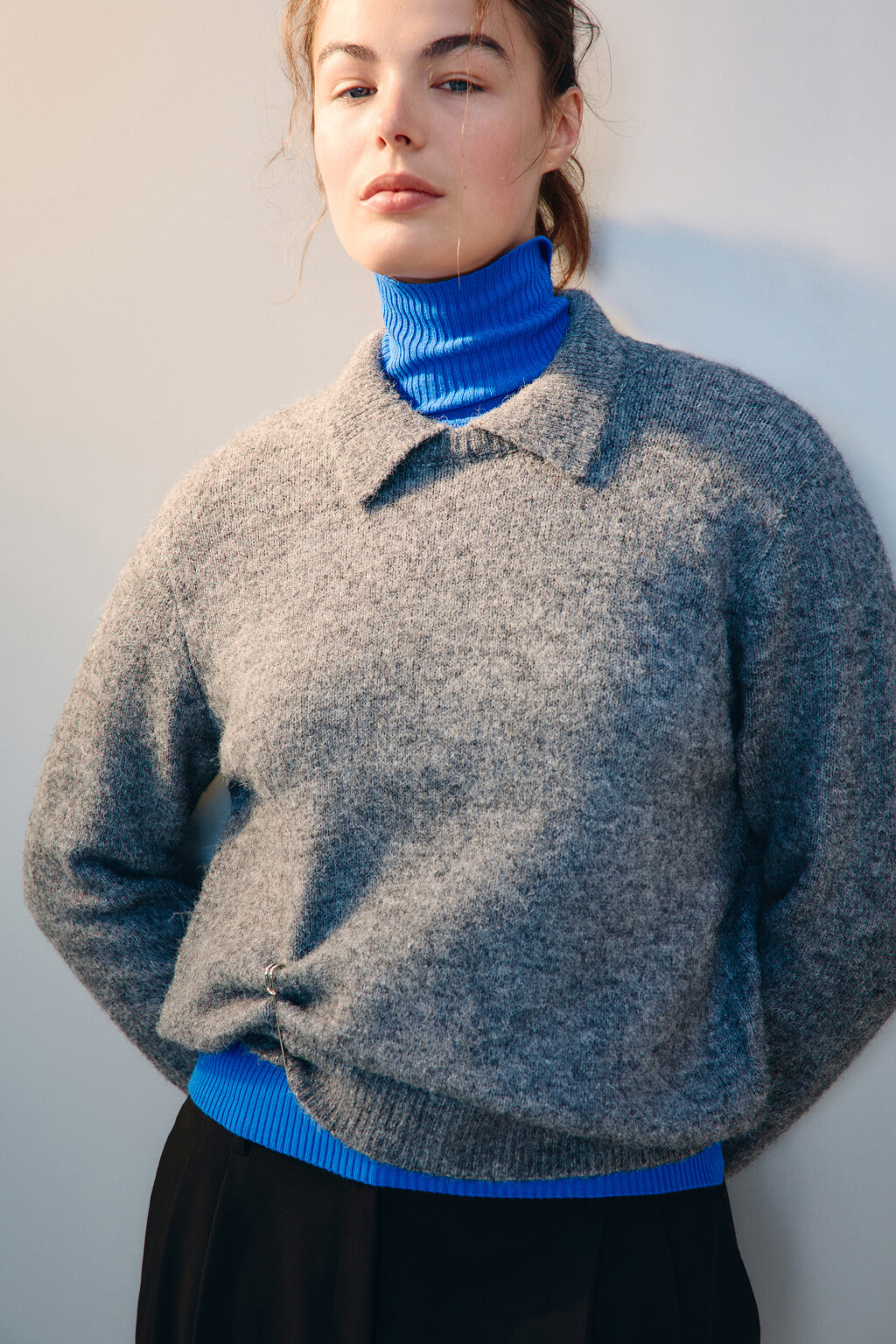 Джемпер шерстяной с отложным воротником - цвет серый - 1