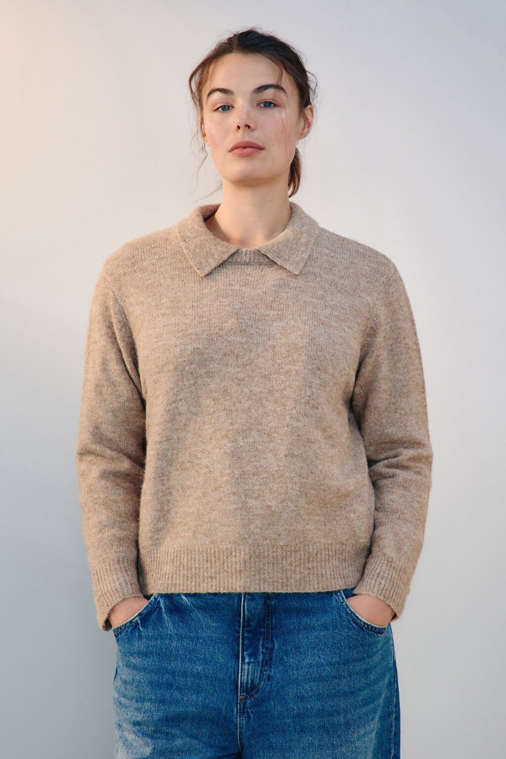 Джемпер шерстяной с отложным воротником - цвет бежевый - 2