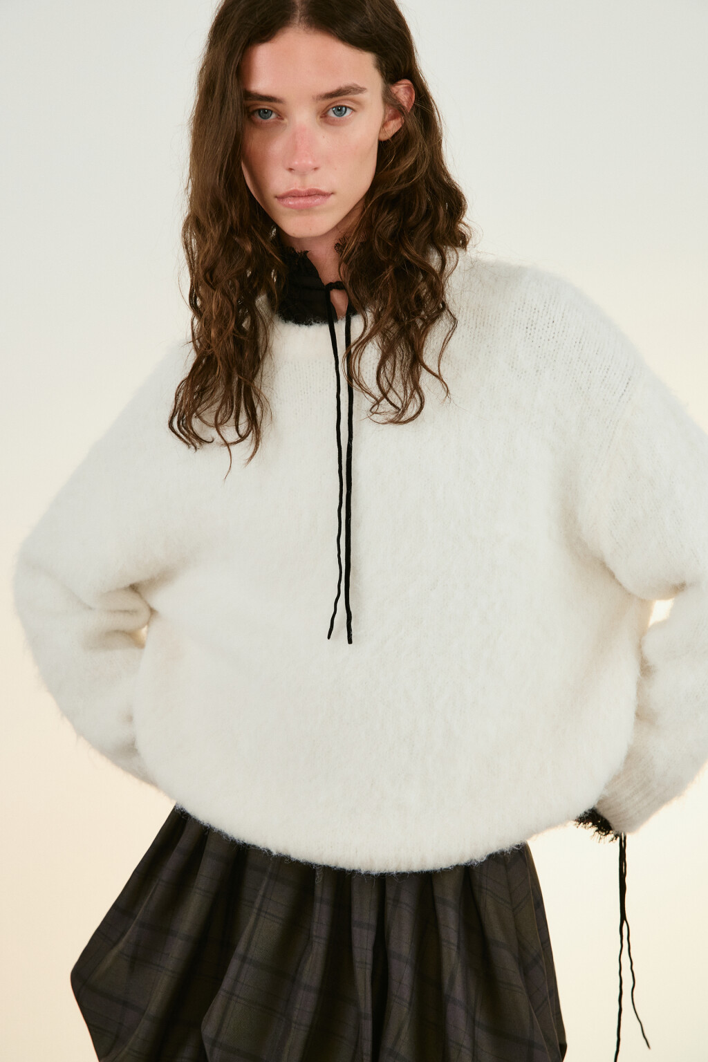 Джемпер вязаный пушистый с шерстью - цвет молочный - 1