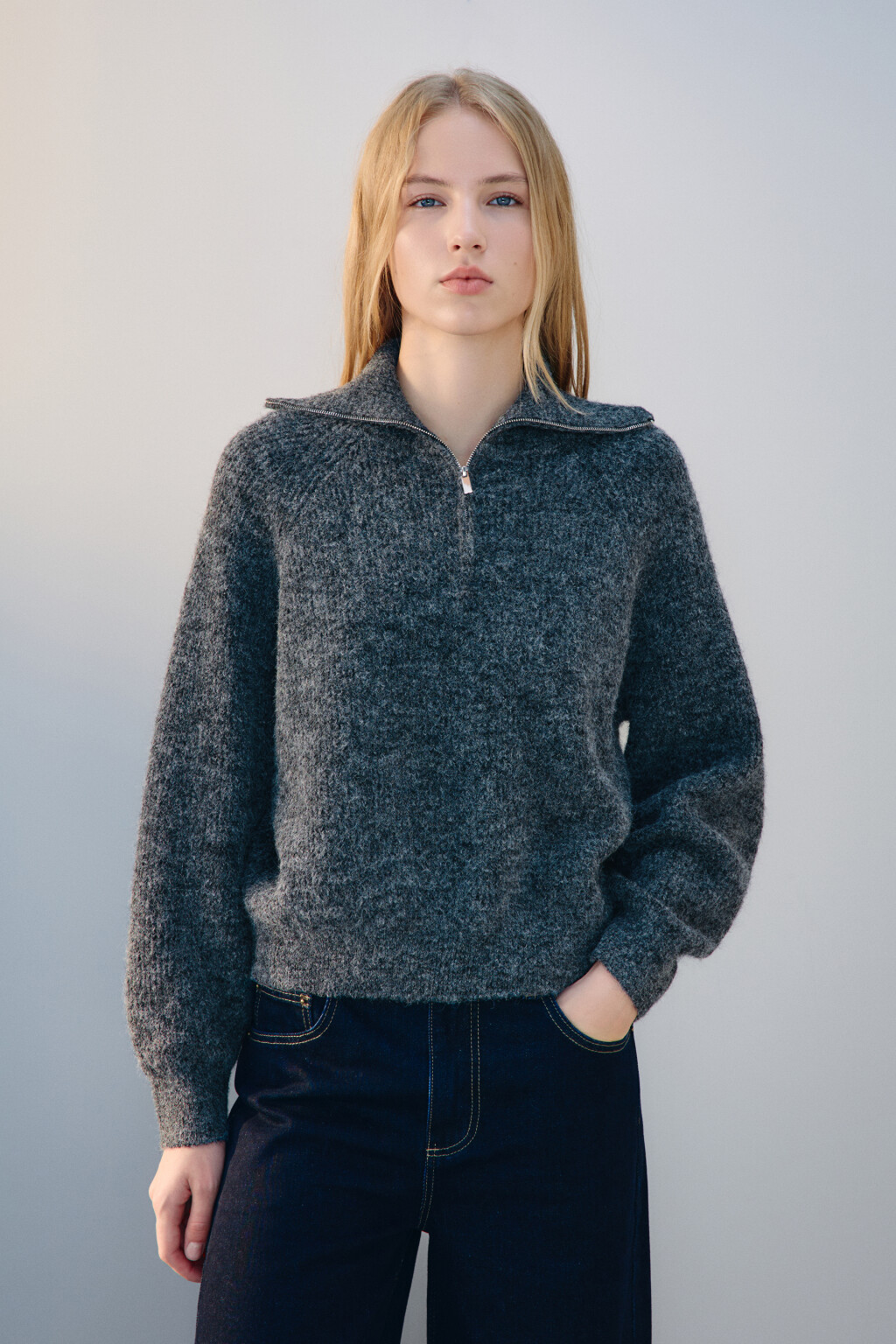 Джемпер на молнии вязаный с шерстью - цвет серый - 2