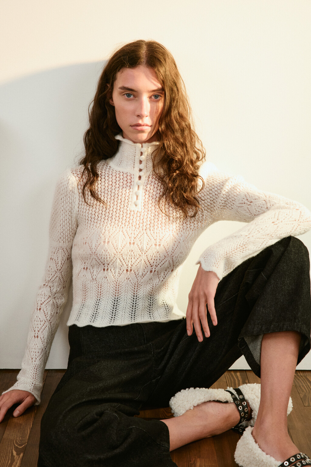 Джемпер ажурный с воротником - цвет молочный - 2