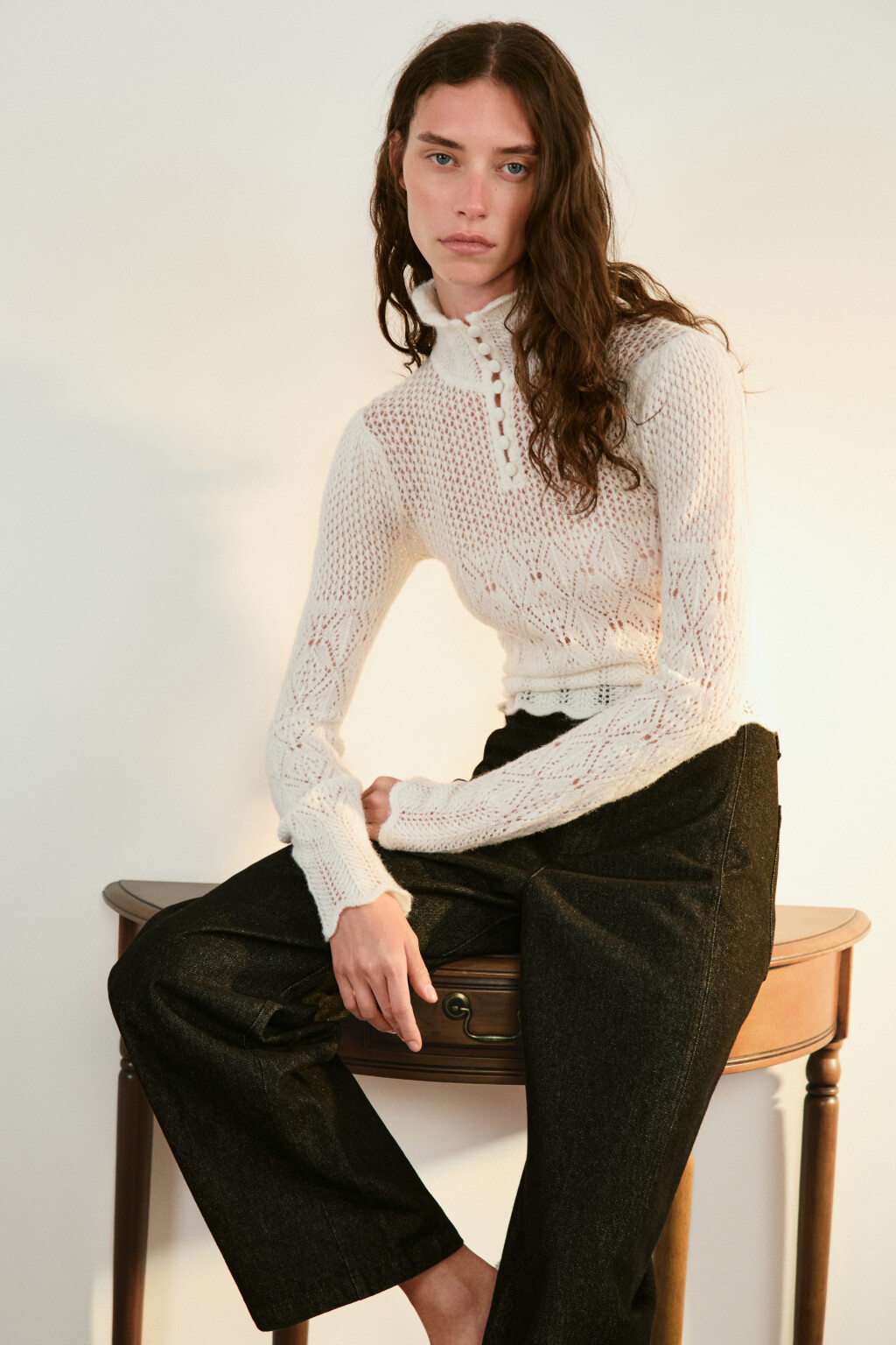 Джемпер ажурный с воротником - цвет молочный - 1