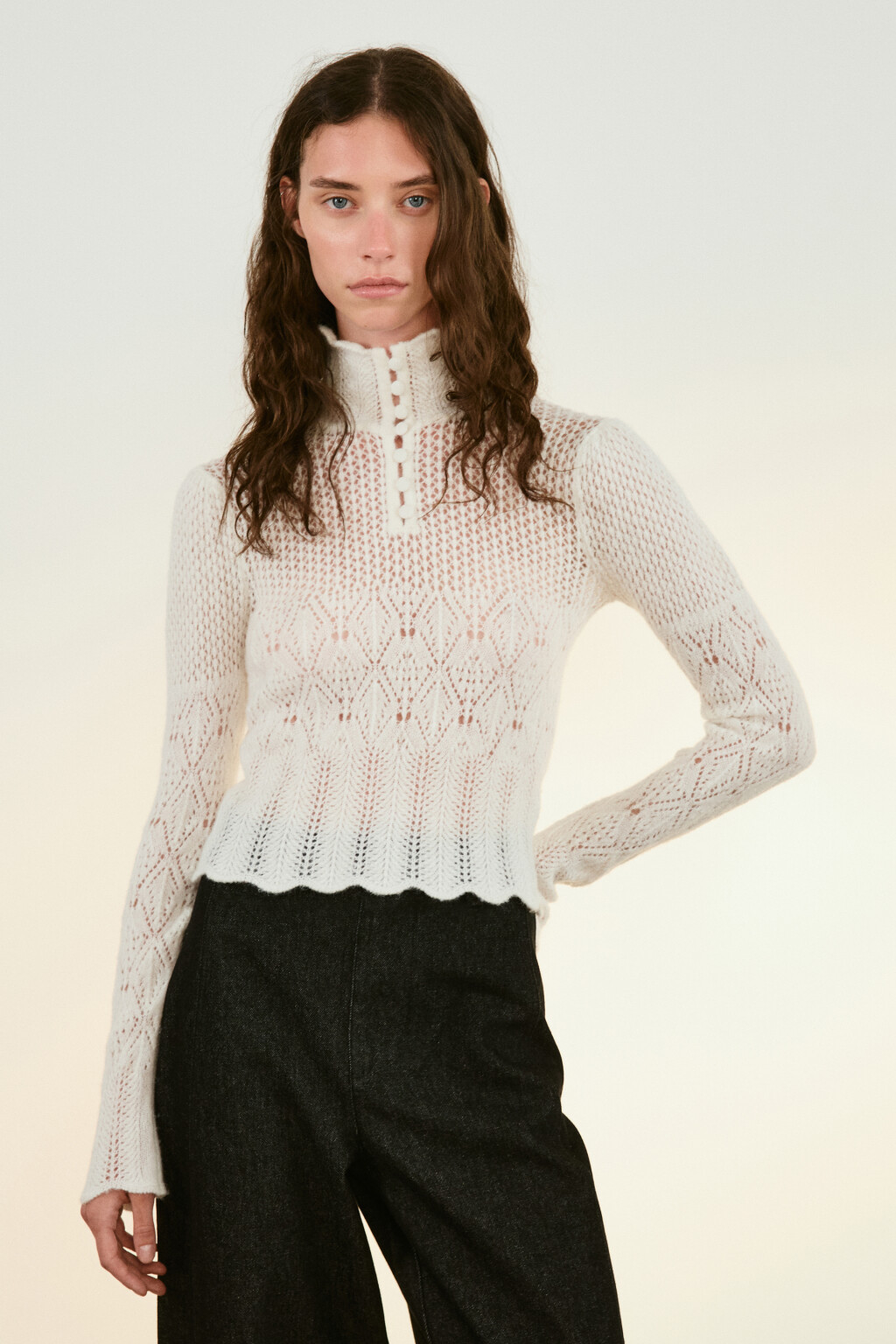 Джемпер ажурный с воротником - цвет молочный - 3