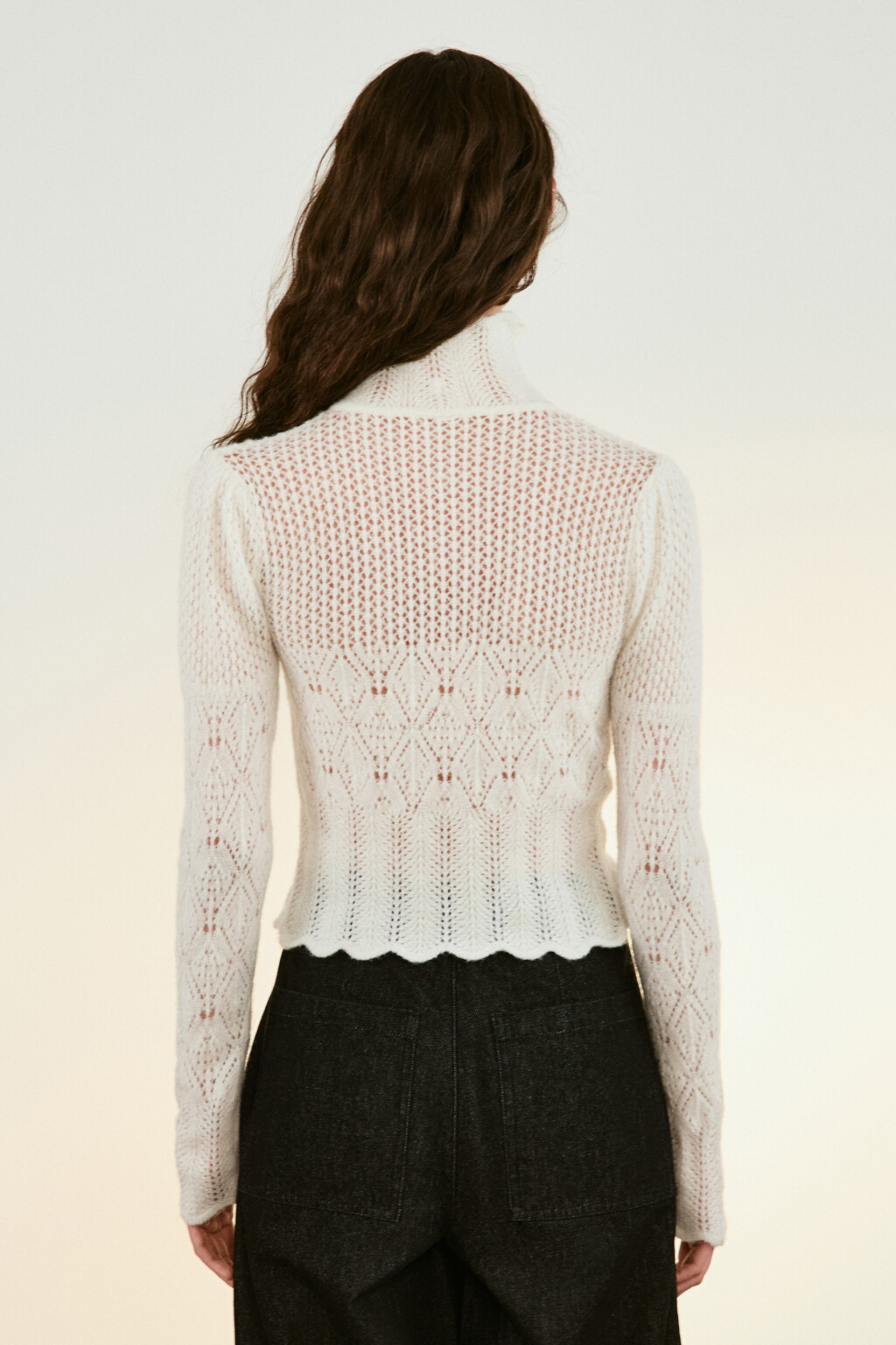 Джемпер ажурный с воротником - цвет молочный - 4