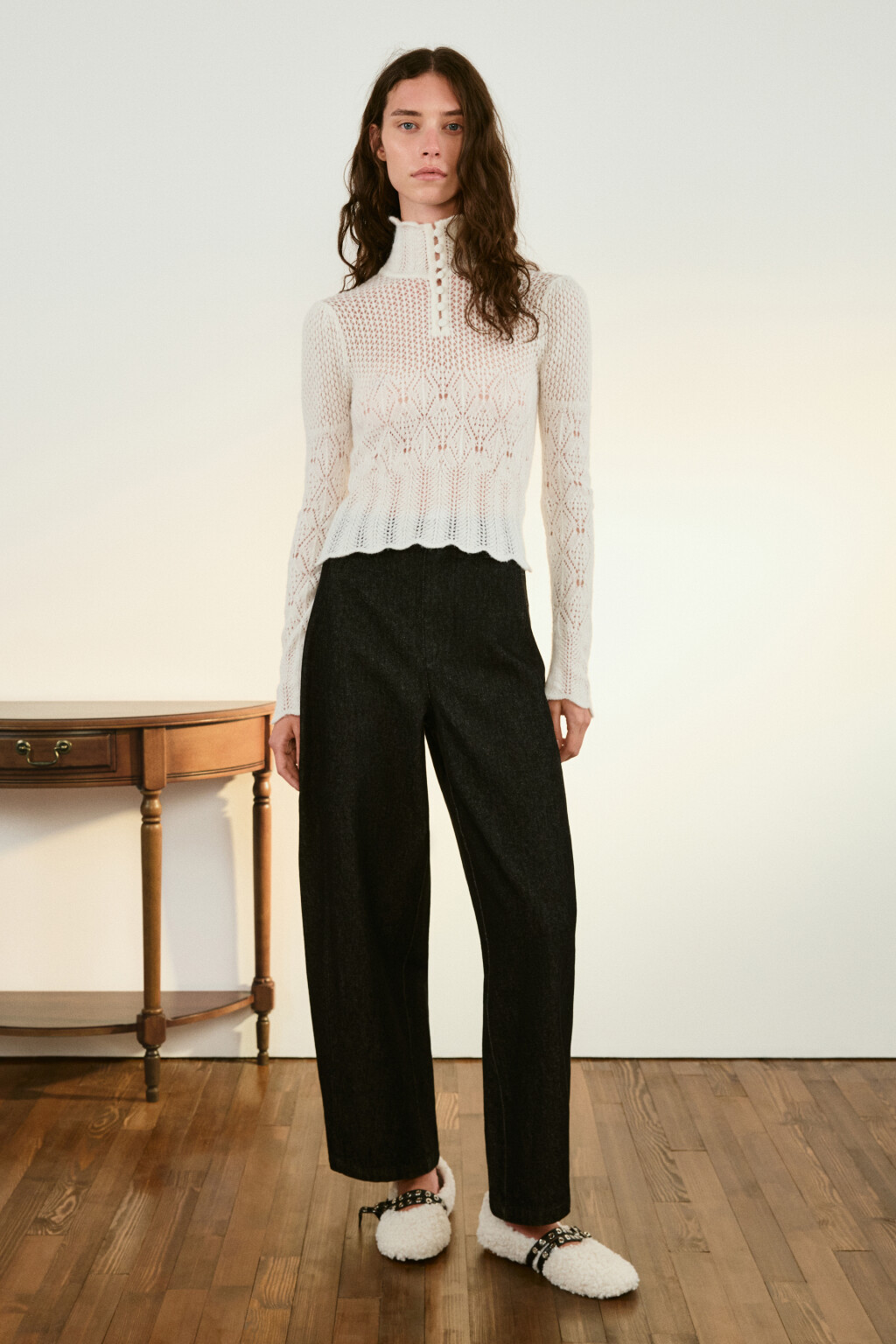 Джемпер ажурный с воротником - цвет молочный - 5