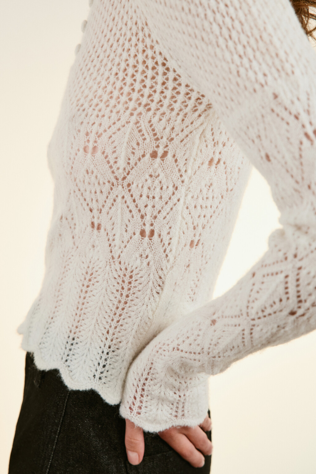 Джемпер ажурный с воротником - цвет молочный - 7