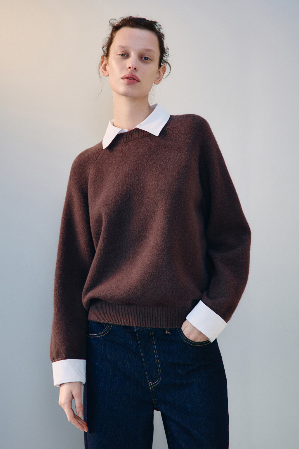 Джемпер вязаный со съемным воротником - цвет коричневый - 2