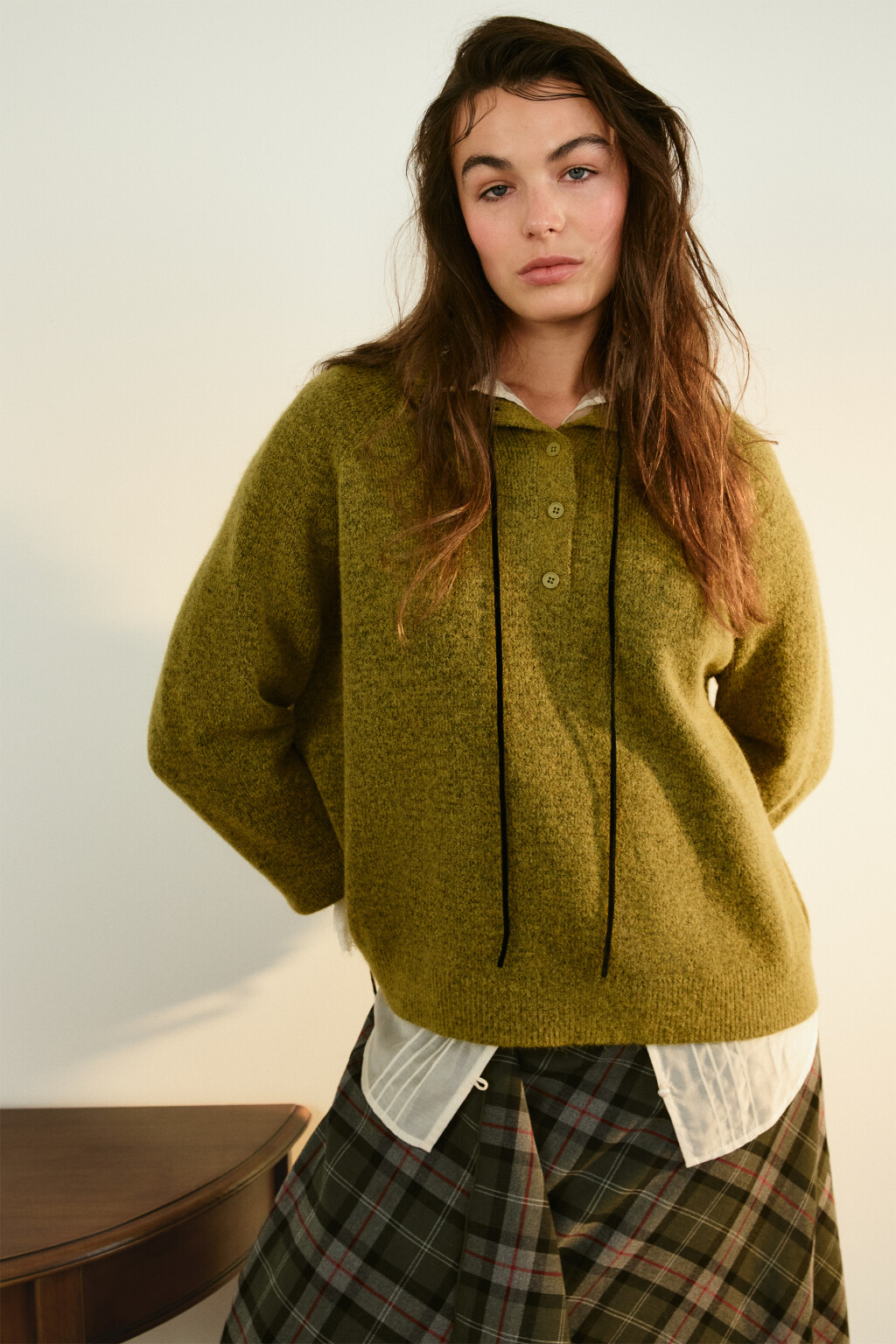 Джемпер шерстяной с воротником-стойкой - цвет зеленый - 1