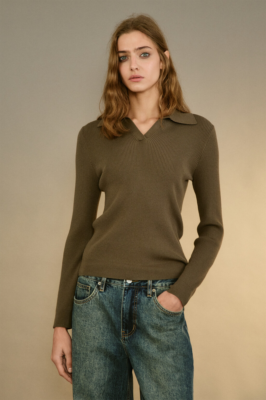 Джемпер вязаный с воротником-поло - цвет зеленый - 2