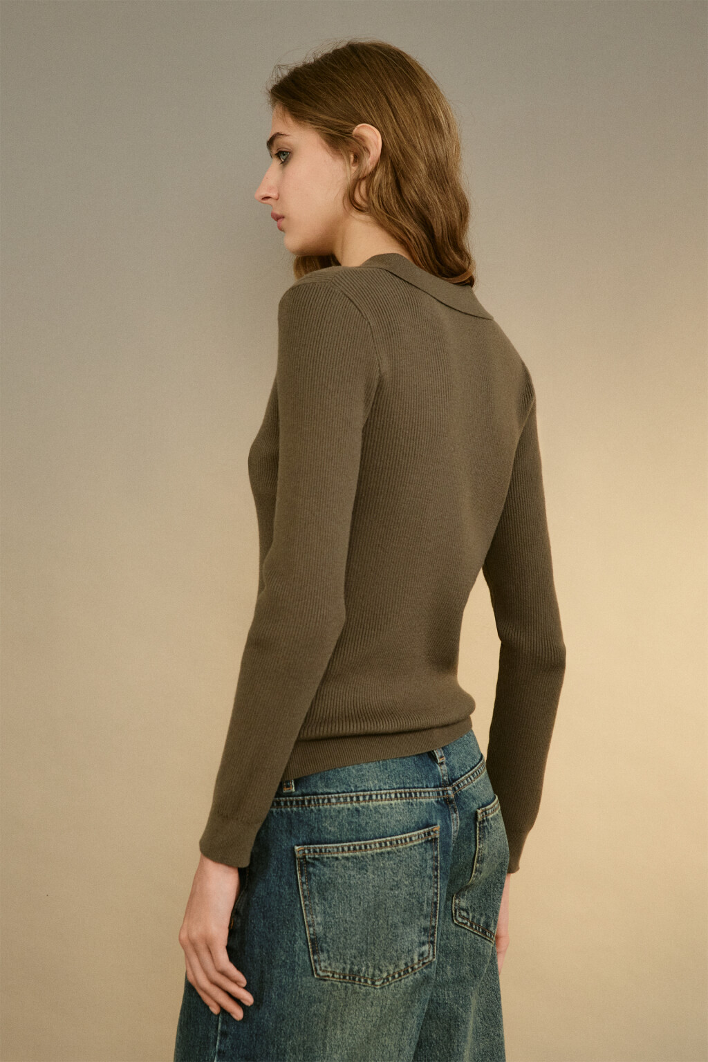 Джемпер вязаный с воротником-поло - цвет зеленый - 3