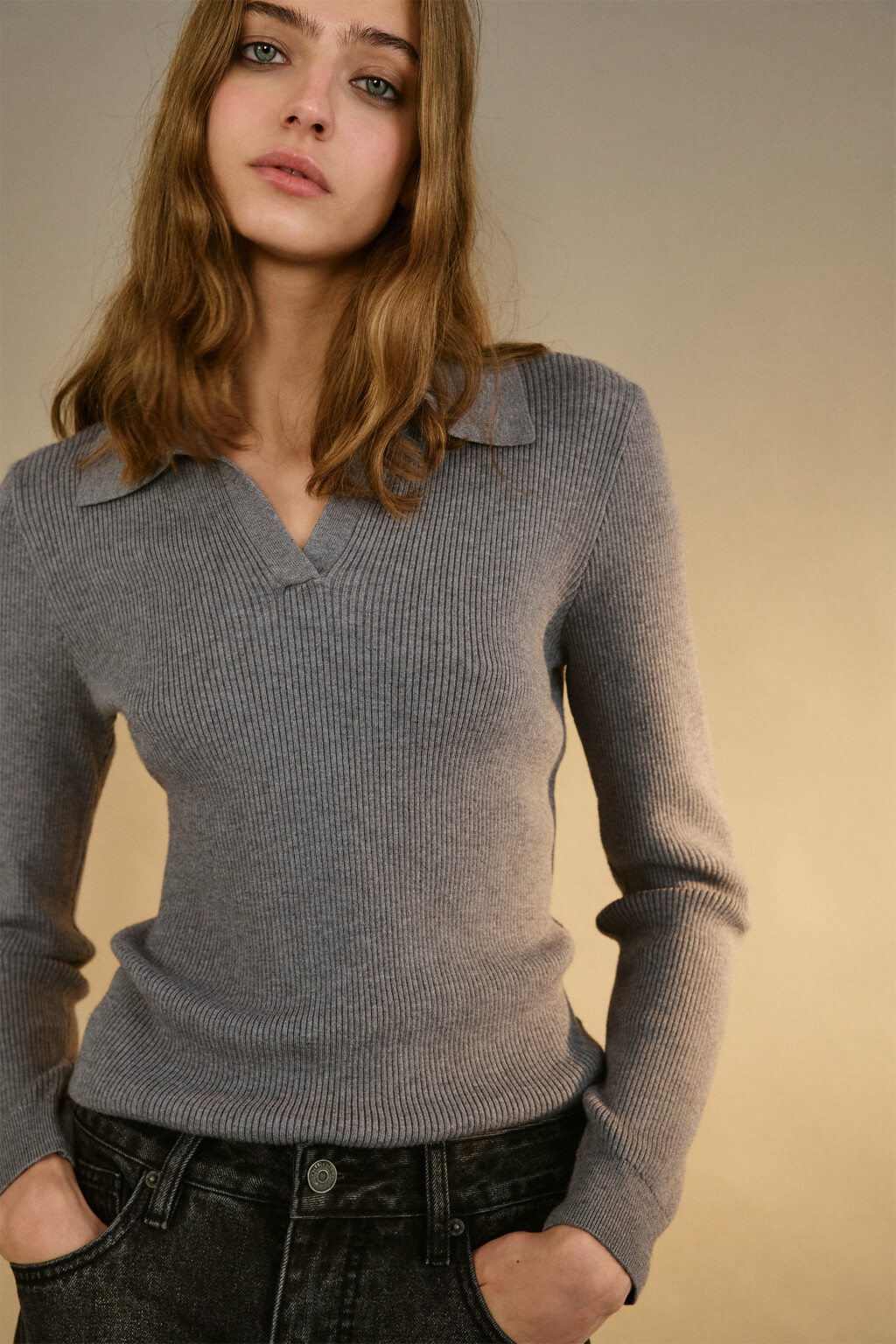 Джемпер вязаный с воротником-поло - цвет серый - 1