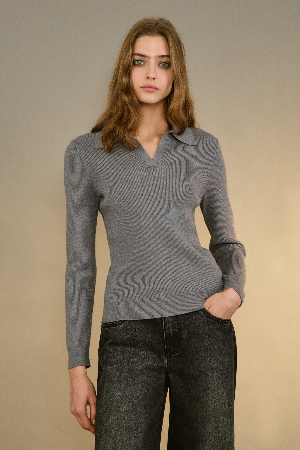 Джемпер вязаный с воротником-поло - цвет серый - 2