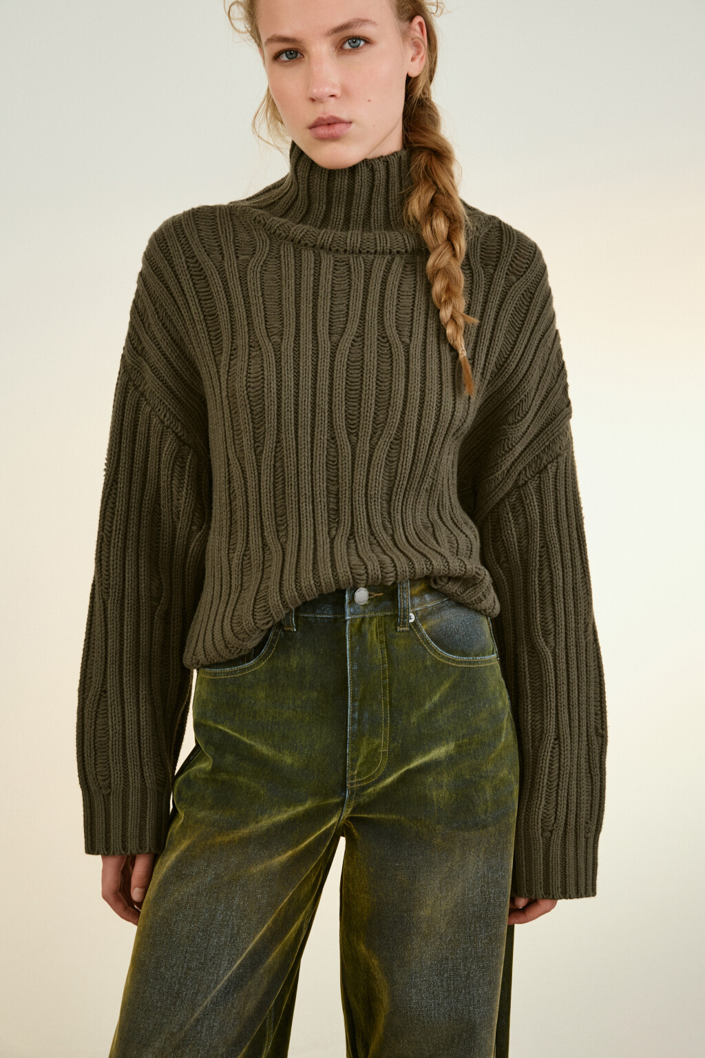 Свитер вязаный с узором - цвет зеленый - 1