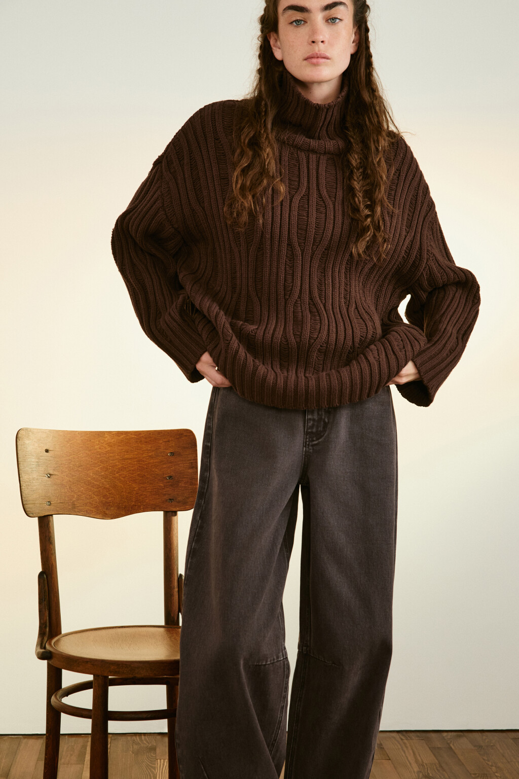 Свитер вязаный с узором - цвет коричневый - 1