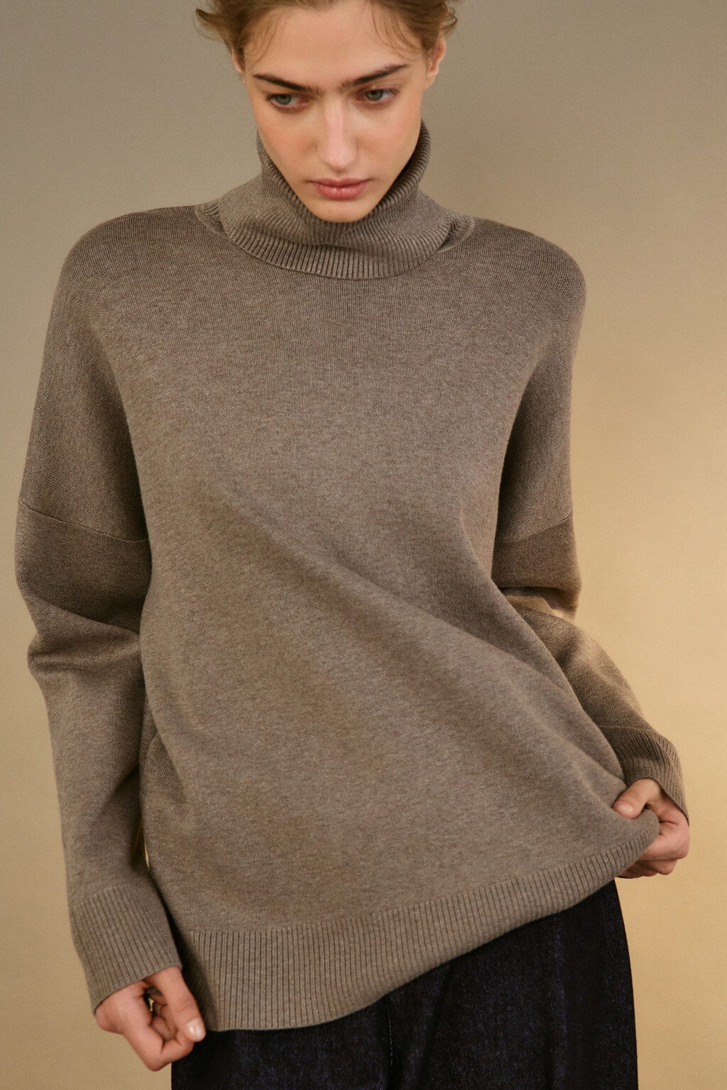 Свитер тонкий с высоким воротником - цвет бежевый - 1