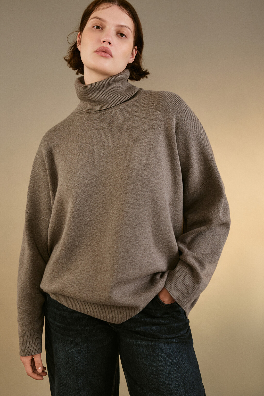 Свитер тонкий с высоким воротником - цвет бежевый - 1