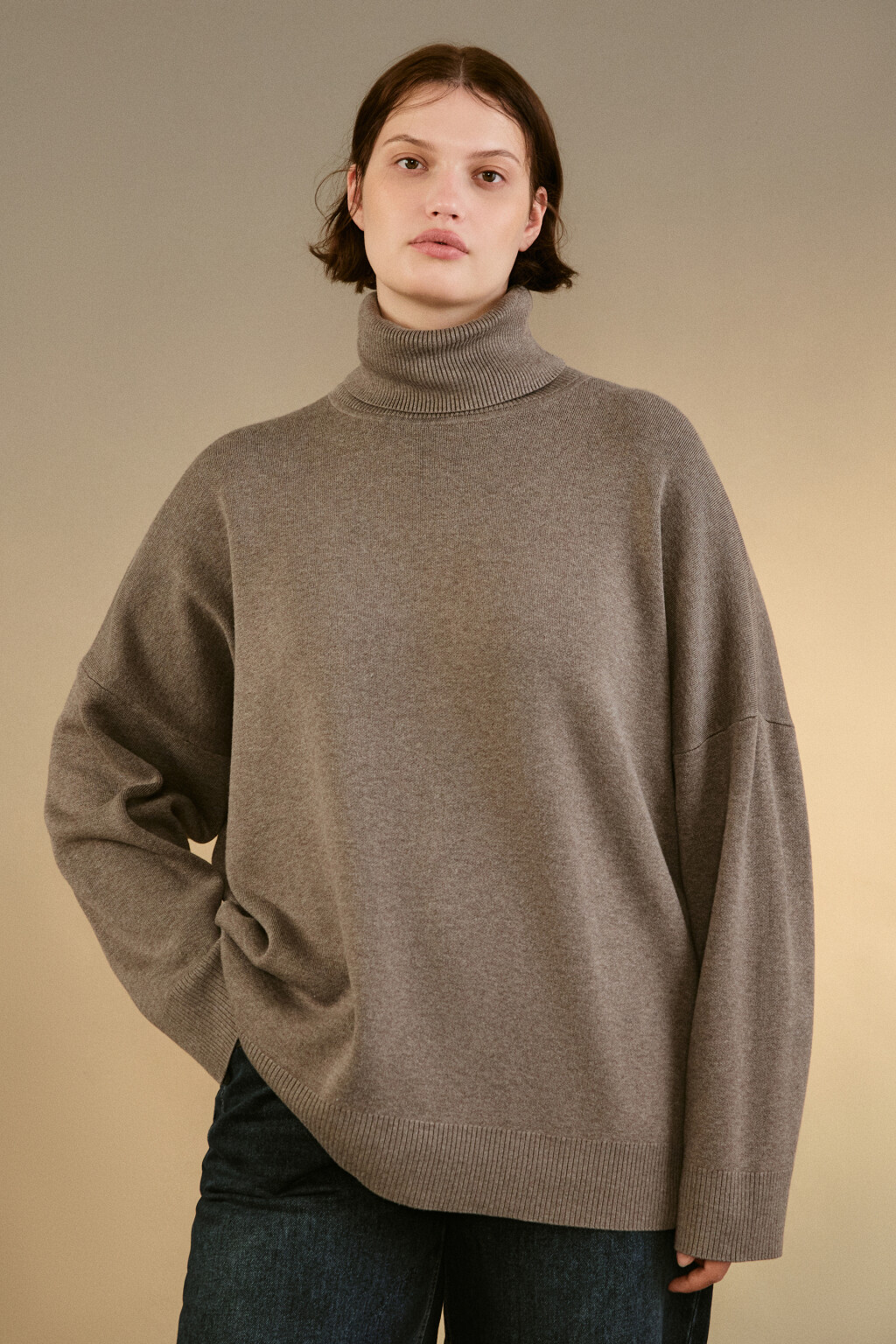 Свитер тонкий с высоким воротником - цвет бежевый - 2