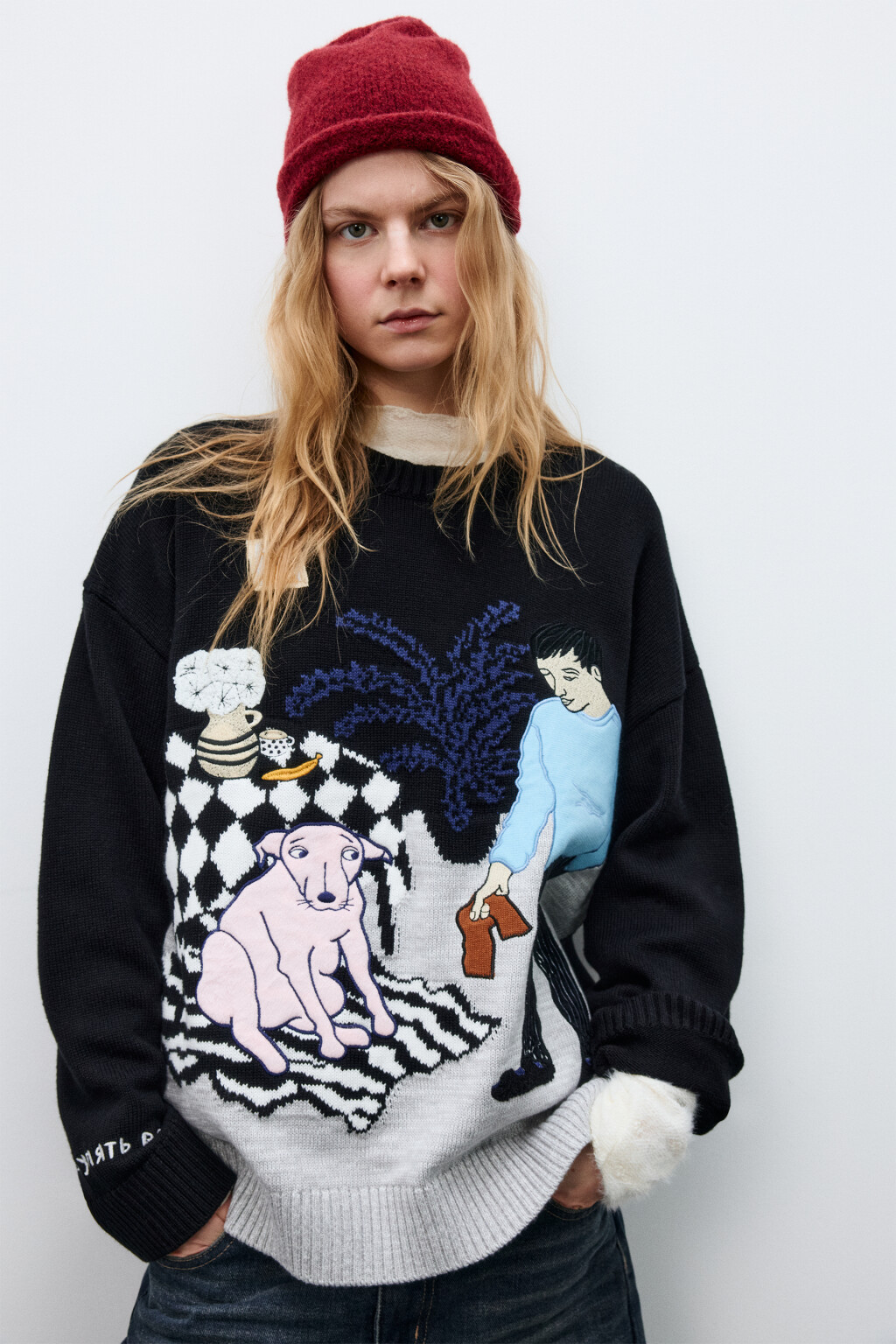 Джемпер вязаный с патчами и надписями - цвет черный - 3