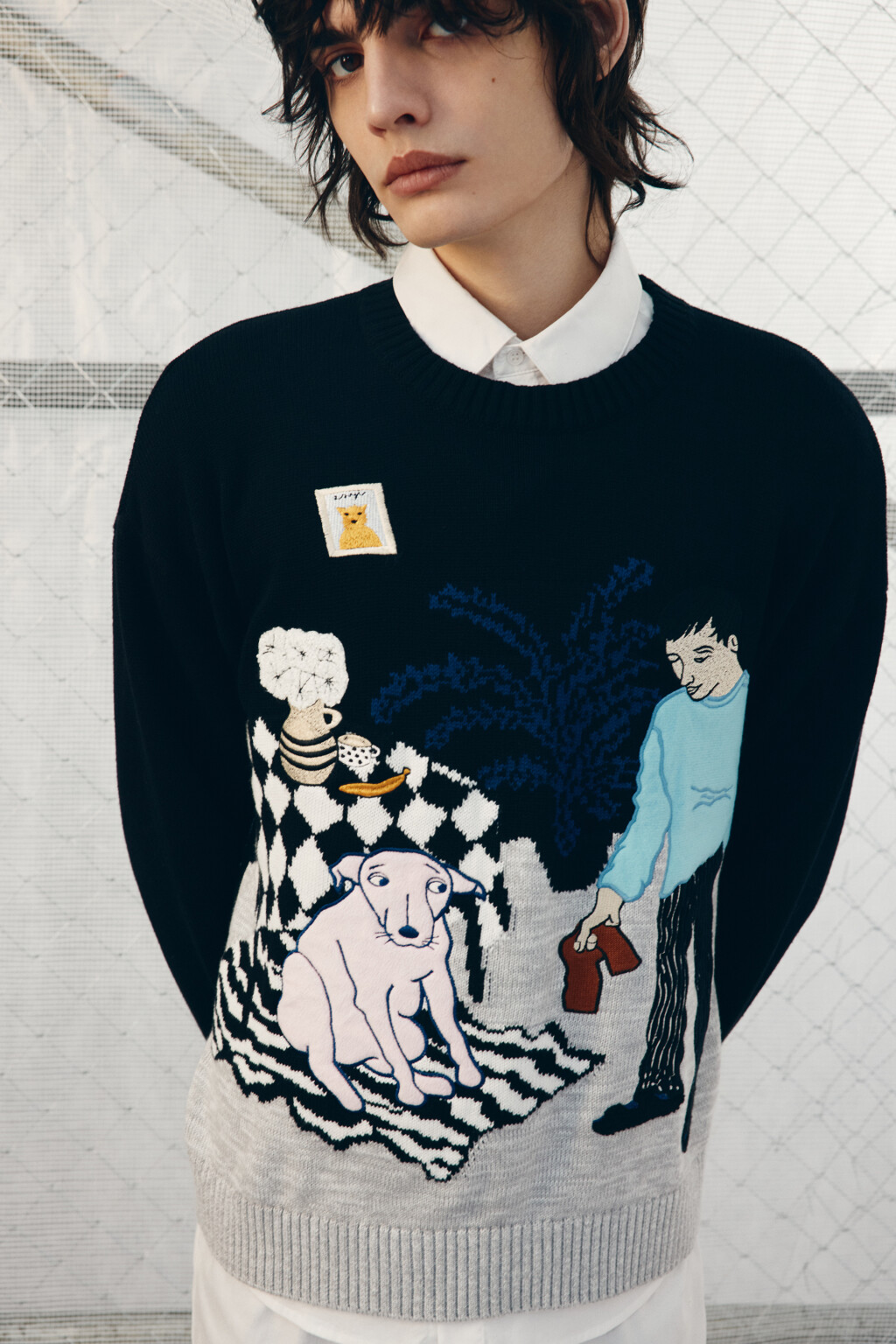 Джемпер вязаный с патчами и надписями - цвет черный - 1