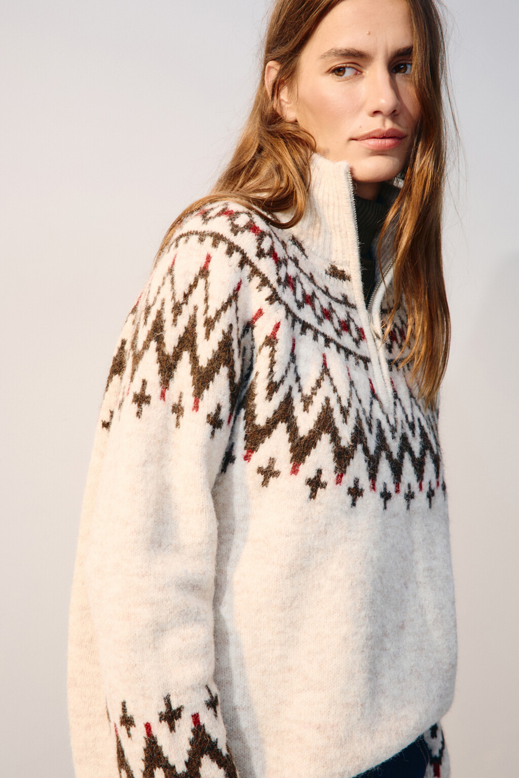 Свитер на молнии с узором - цвет бежевый - 1