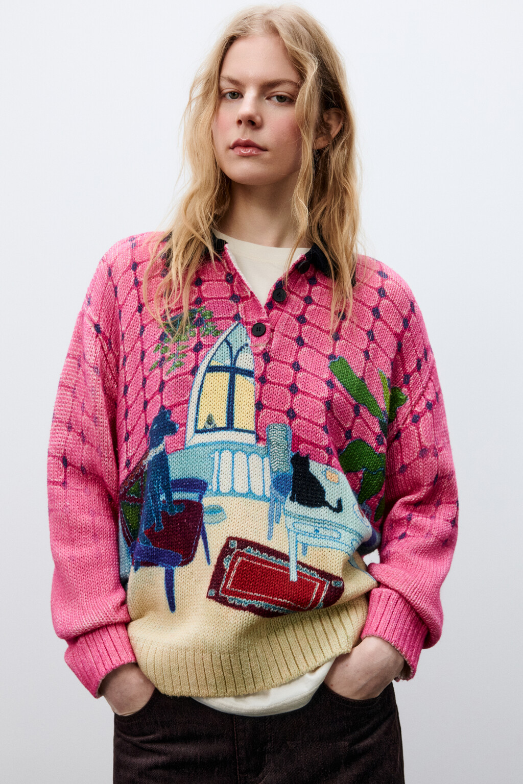 Джемпер-поло вязаный с принтом - цвет розовый - 2