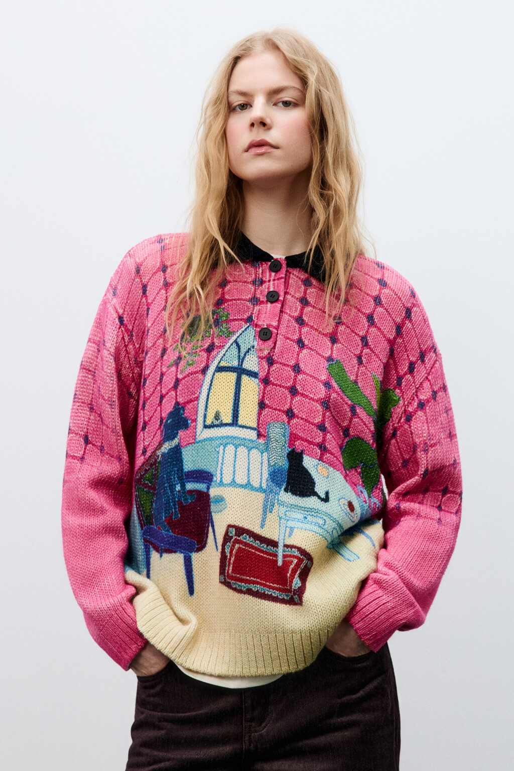 Джемпер-поло вязаный с принтом - цвет розовый - 4