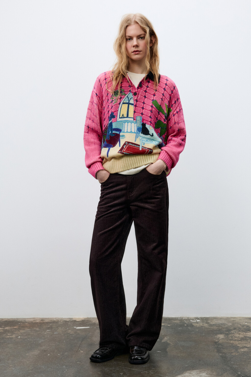 Джемпер-поло вязаный с принтом - цвет розовый - 6