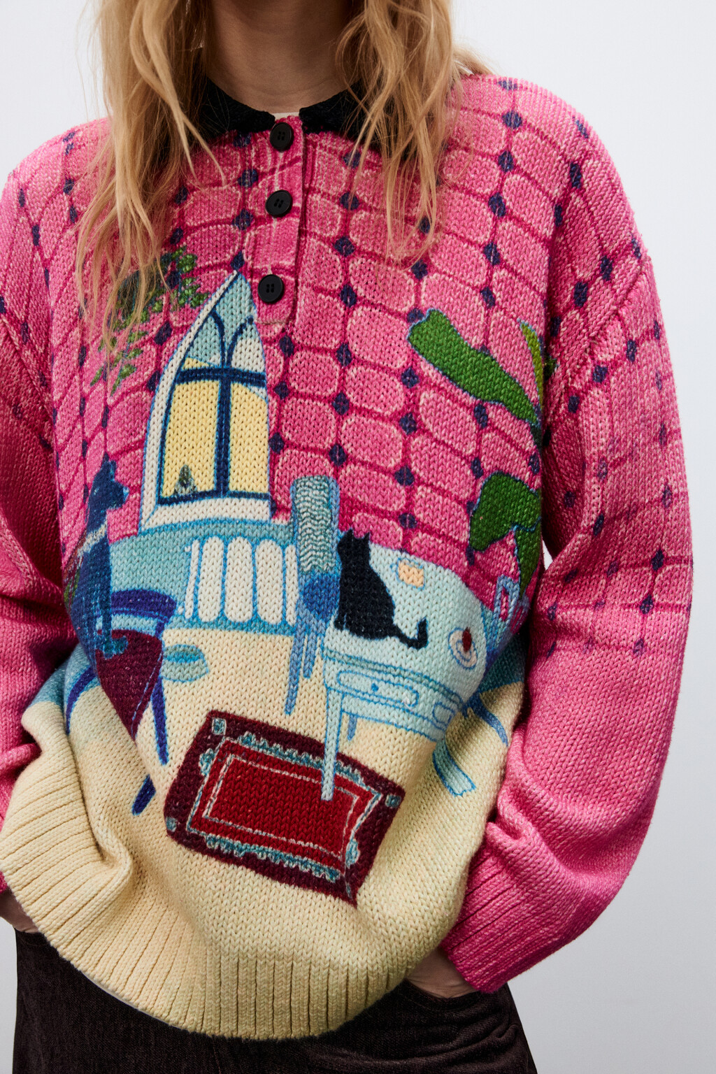 Джемпер-поло вязаный с принтом - цвет розовый - 7