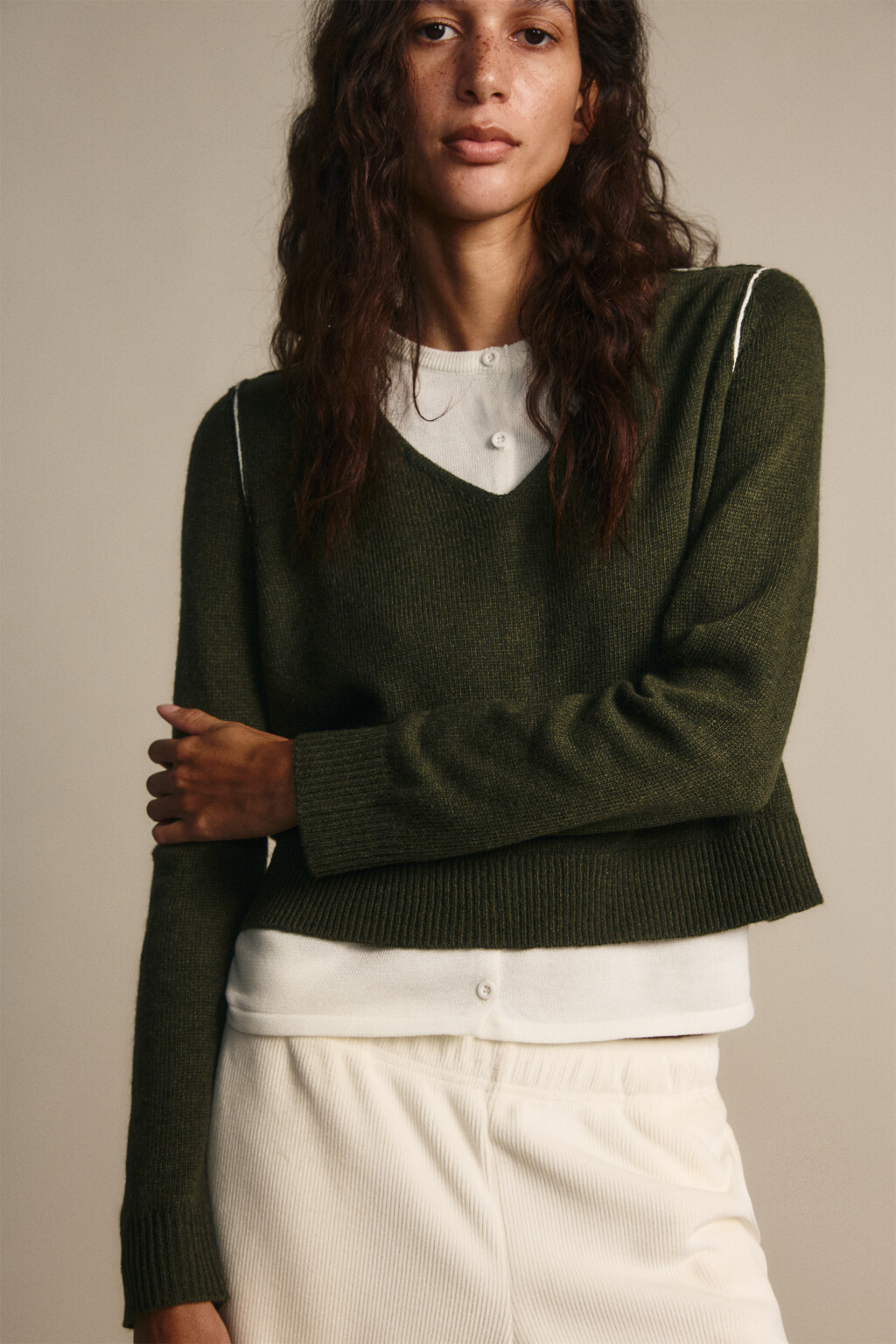 Джемпер вязаный двуслойный с шерстью - цвет зеленый - 1