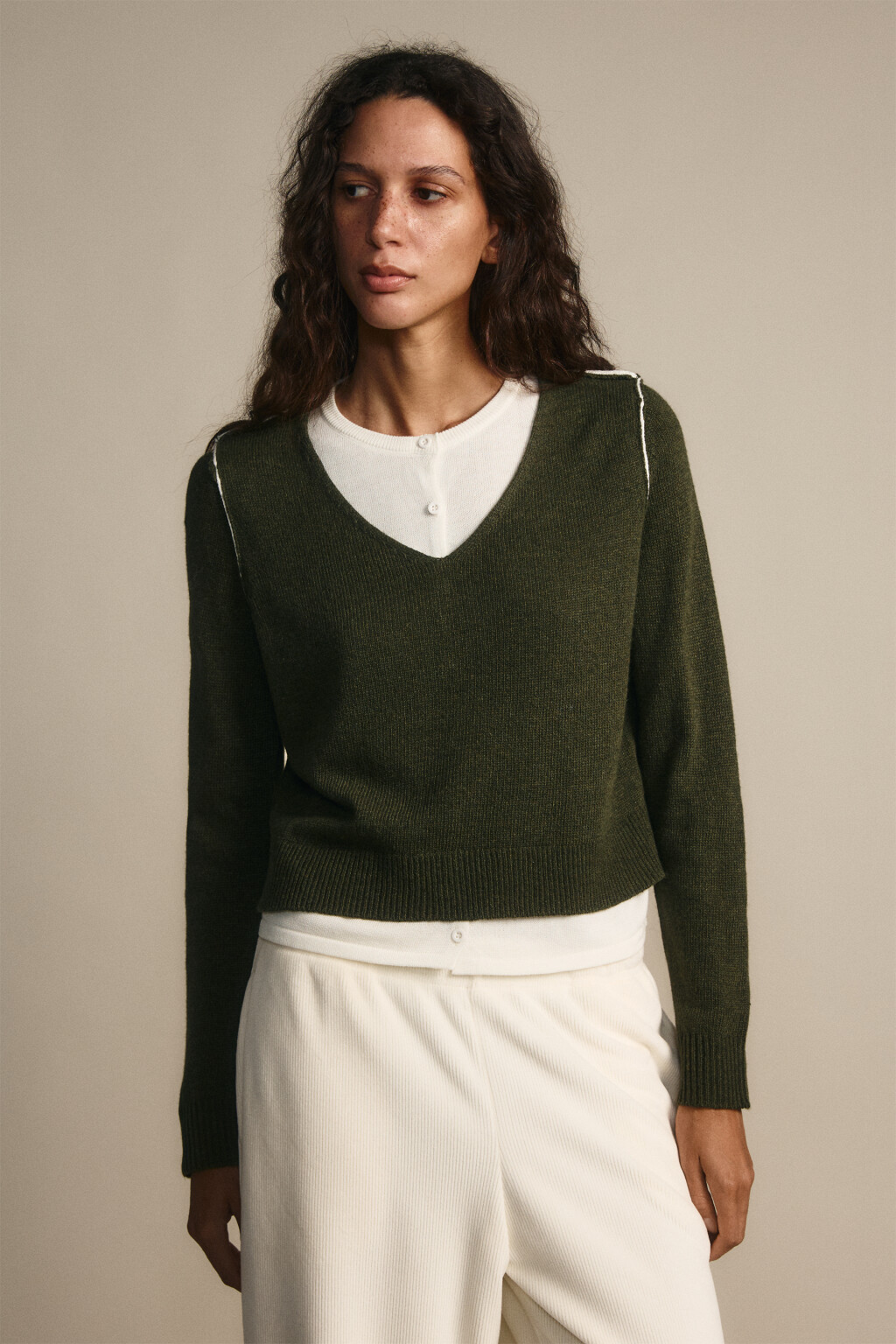 Джемпер вязаный двуслойный с шерстью - цвет зеленый - 2