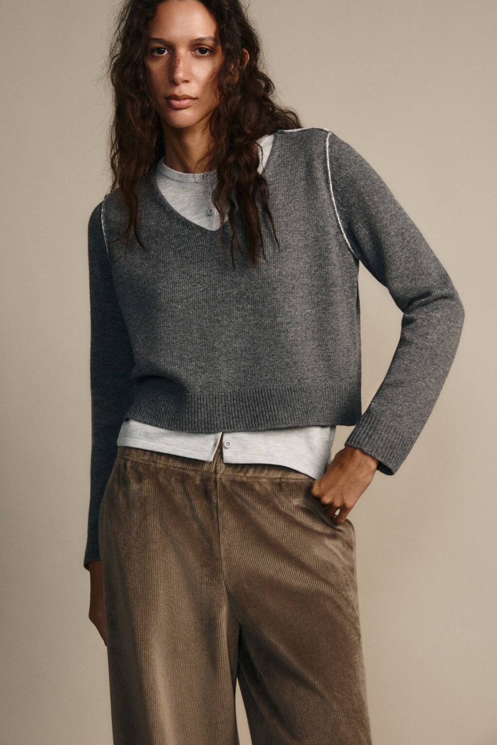 Джемпер вязаный двуслойный с шерстью - цвет серый - 1