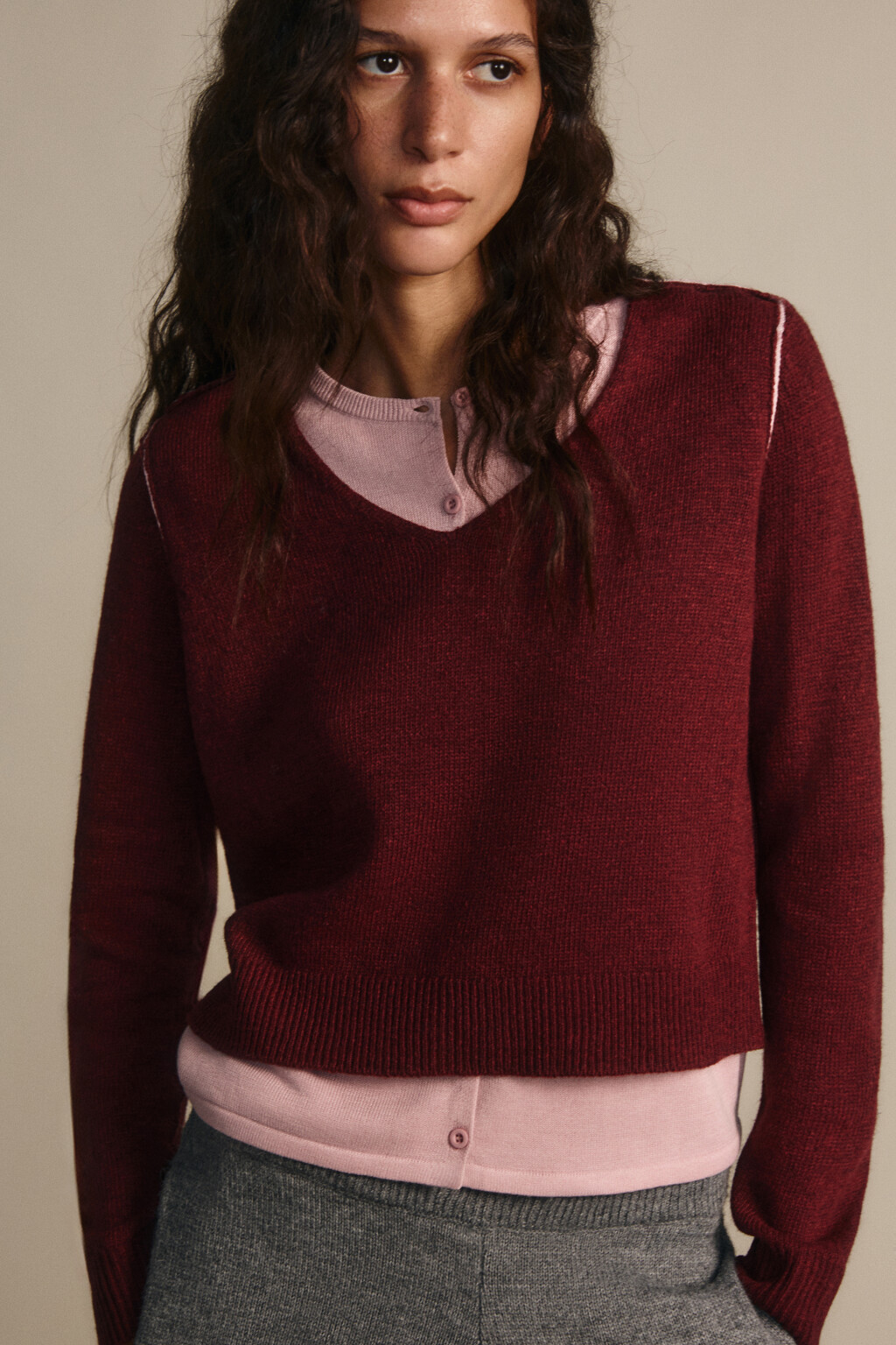 Джемпер вязаный двуслойный с шерстью - цвет бордовый - 1