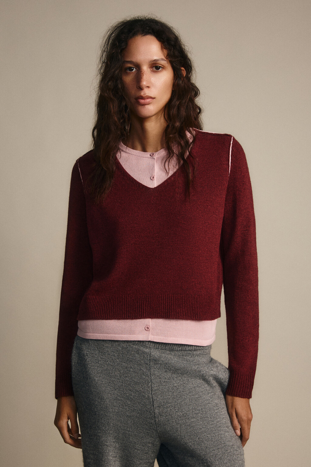 Джемпер вязаный двуслойный с шерстью - цвет бордовый - 2