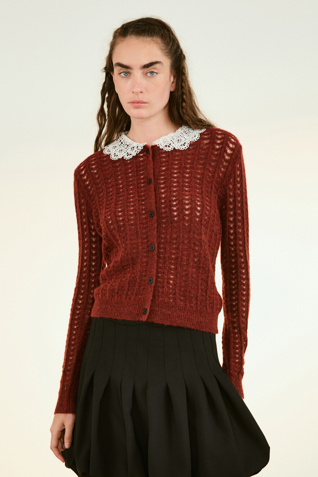 Кардиган с кружевным воротничком - цвет бордовый - 2