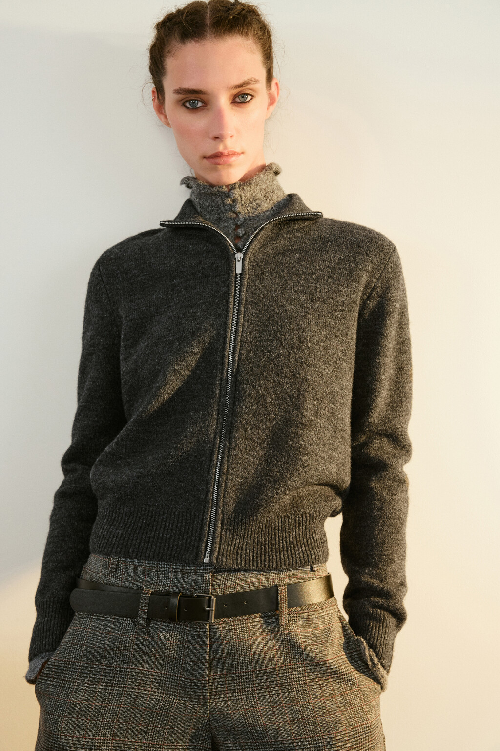 Кардиган на молнии с воротником-стойкой - цвет серый - 1